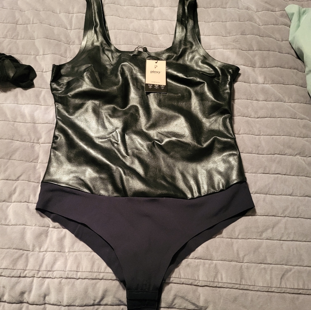PINSY Vegan Leather High Neck Shapewear Bodysuit